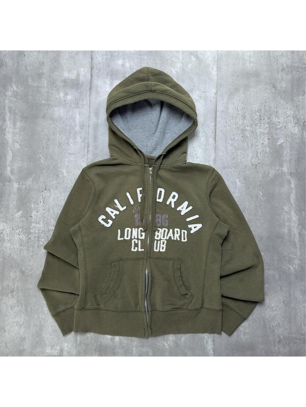 Y2K Olive Green Reflex Surf Grunge Thermal Skater Zip Up Hoodie